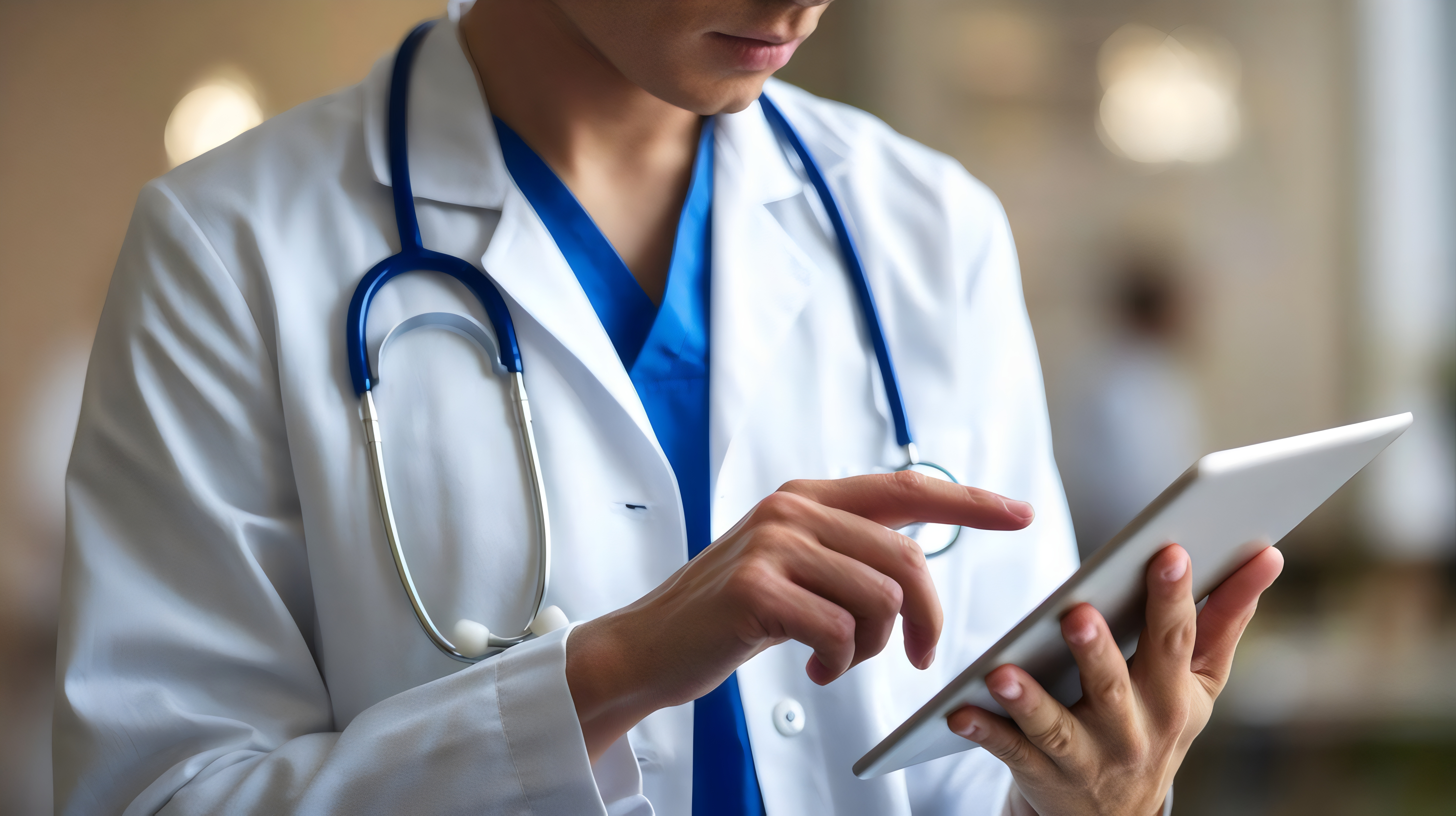 Dedicated Doctor Reviewing Medical Data on Tablet, Wearing a Stethoscope in a Modern Clinical Setting