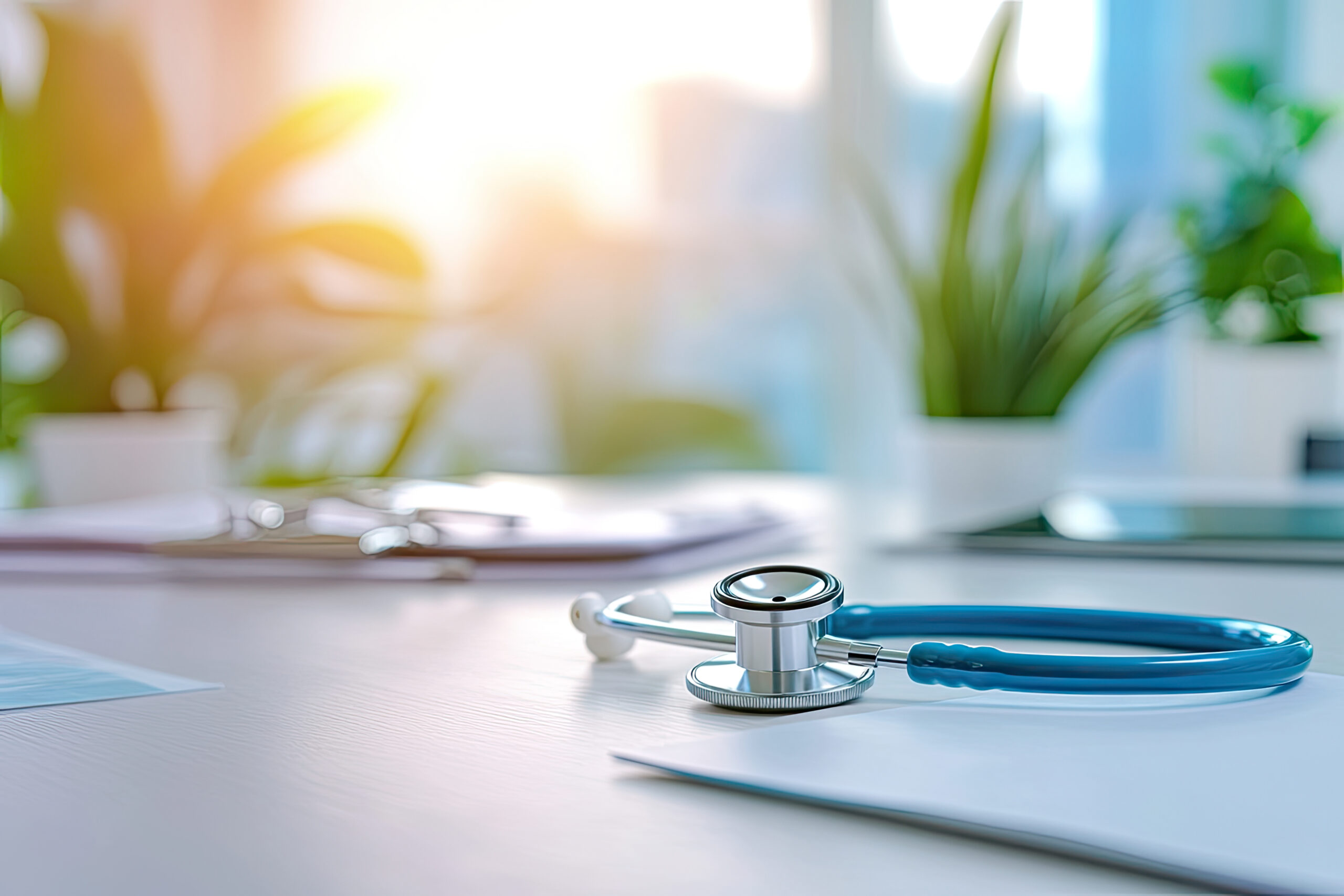 Medical Stethoscope on Doctor’s Desk with Sunlight in Modern Office
