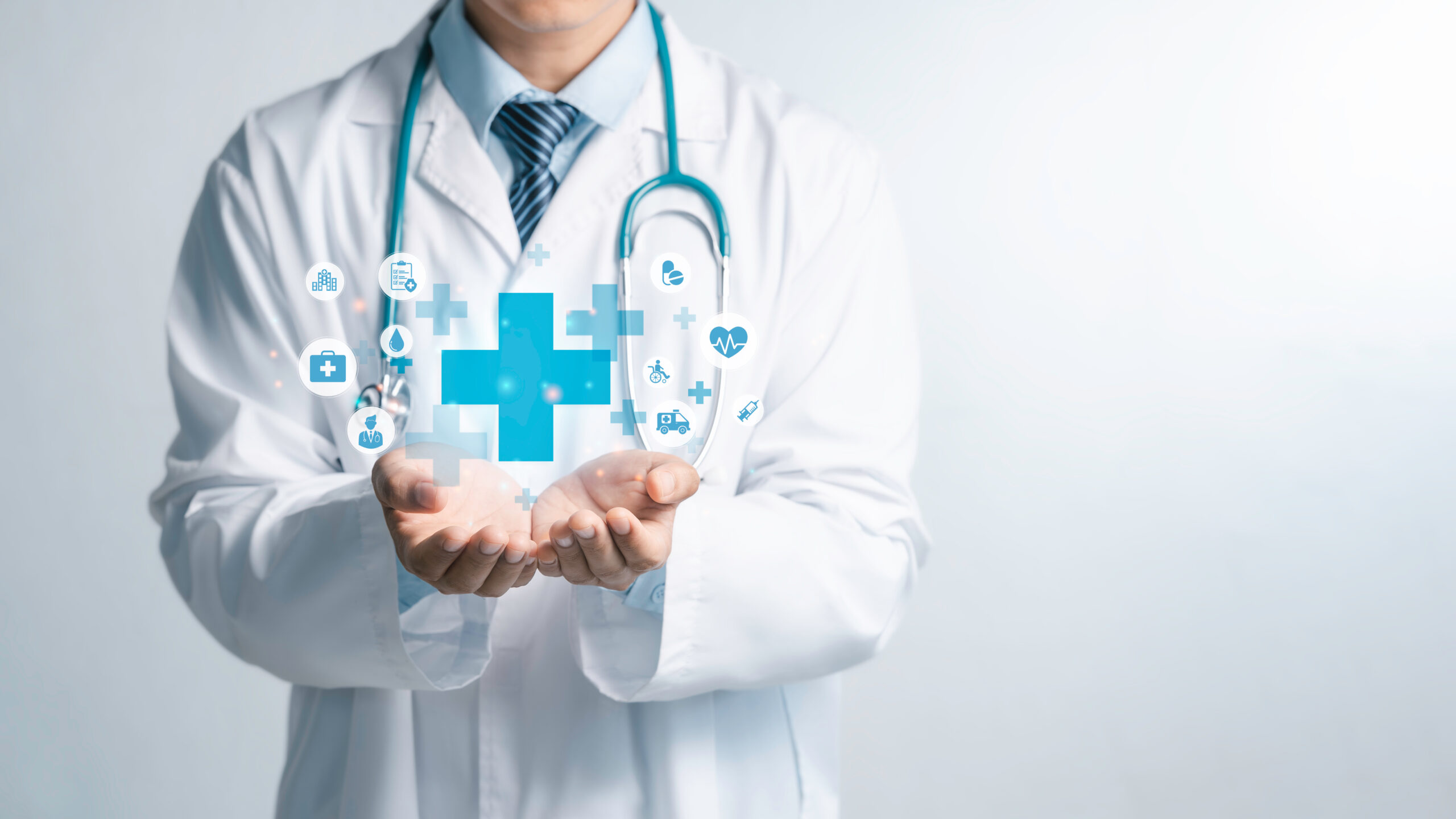 Male medicine doctor hold healthcare medical icons for the Healt